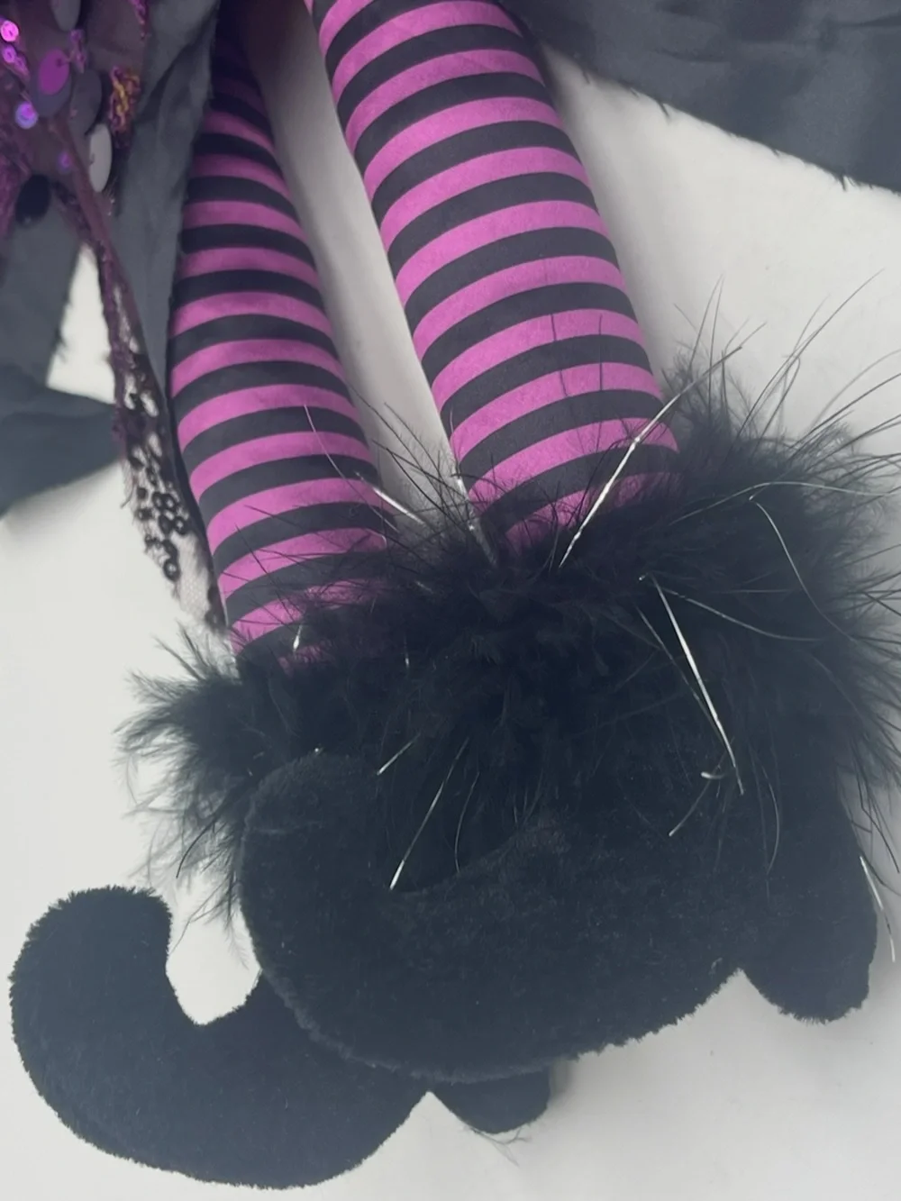 31” Halloween Gothic Wicked Witch Shelf Sitter Doll Purple Sequins w/Broom Stick